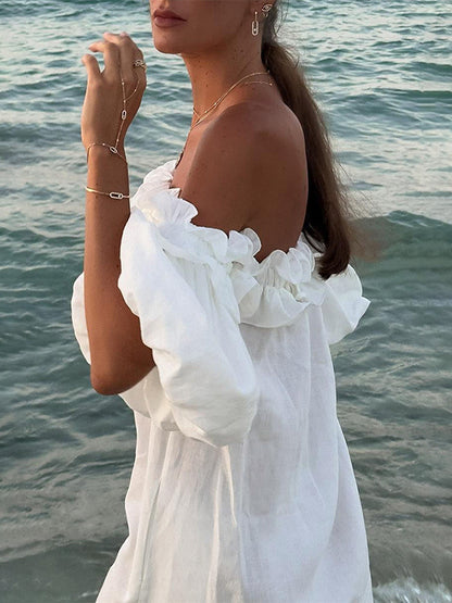 White Off Shoulder Long Dress For Women - Linen Cotton Boho Ruffle Lantern Sleeve Loose Beach Sundress - Summer Vacation 2026