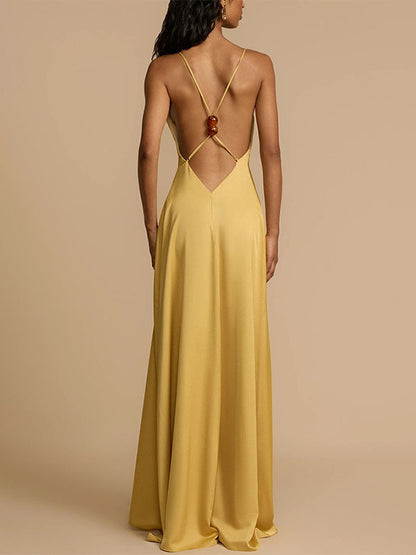 Deep V Neck Backless Satin Maxi Dress For Women - Yellow Boho Wood Beaded Evening Gown - Summer Beach Wedding Guest 2026