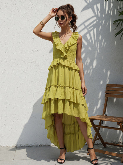 Boho Ruffle High-Low Sundress For Women - Smocked V-Neck Sleeveless Tiered Flowy Midi Dress - Summer Beach Vacation 2026
