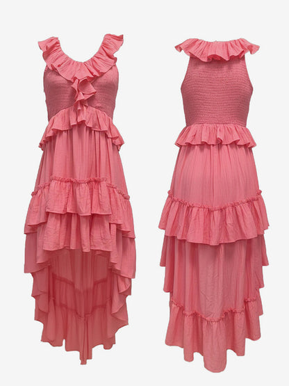 Boho Ruffle High-Low Sundress For Women - Smocked V-Neck Sleeveless Tiered Flowy Midi Dress - Summer Beach Vacation 2026