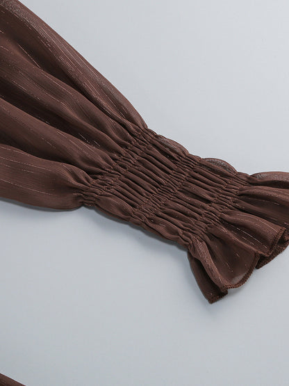 Boho Off-Shoulder Maxi Dress For Women - Brown Smocked Waist Ruffle Chiffon Tiered Long Sleeve Gown - Beach Date Night 2026