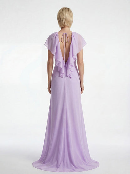 Elegant Ruffle V-Neck Chiffon Maxi Dress For Women - Lavender Boho Backless Flowy A-Line Sun Dress - Summer Beach Wedding Guest 2026