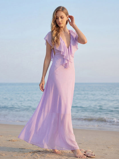 Elegant Ruffle V-Neck Chiffon Maxi Dress For Women - Lavender Boho Backless Flowy A-Line Sun Dress - Summer Beach Wedding Guest 2026