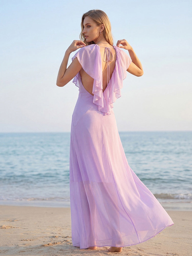 Elegant Ruffle V-Neck Chiffon Maxi Dress For Women - Lavender Boho Backless Flowy A-Line Sun Dress - Summer Beach Wedding Guest 2026