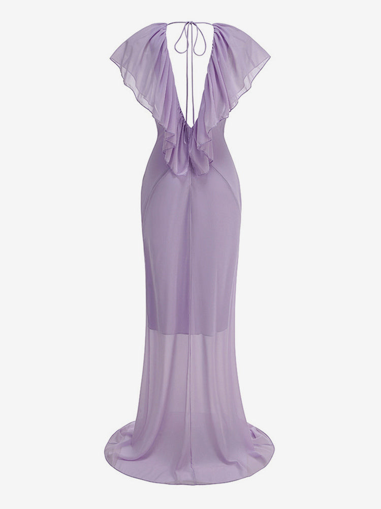 Elegant Ruffle V-Neck Chiffon Maxi Dress For Women - Lavender Boho Backless Flowy A-Line Sun Dress - Summer Beach Wedding Guest 2026