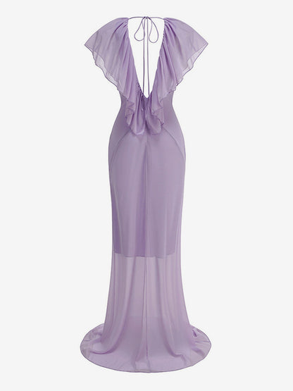 Elegant Ruffle V-Neck Chiffon Maxi Dress For Women - Lavender Boho Backless Flowy A-Line Sun Dress - Summer Beach Wedding Guest 2026