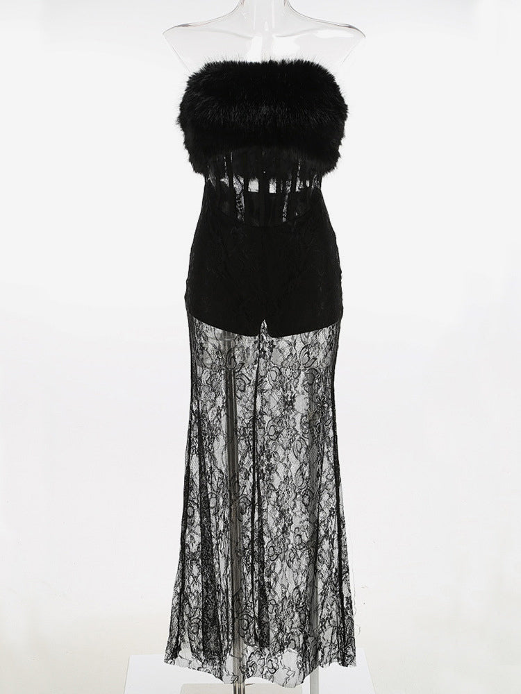 Sexy Faux Fur Lace Maxi Dress For Women - Black Strapless Corset Bodysuit Long Gown With Sheer Skirt - Summer Evening Party 2026