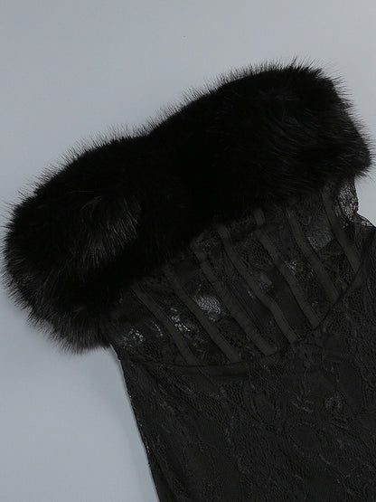Sexy Faux Fur Lace Maxi Dress For Women - Black Strapless Corset Bodysuit Long Gown With Sheer Skirt - Summer Evening Party 2026