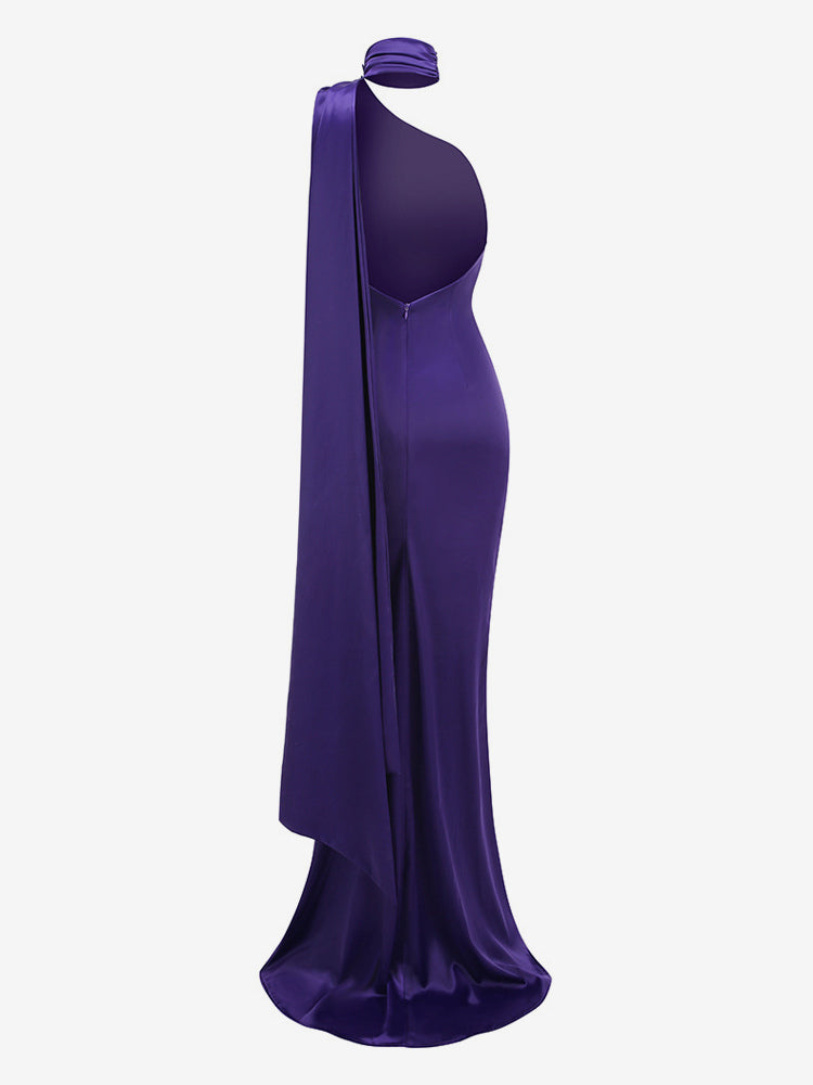 Elegant Rosette Halter Maxi Dress For Women - Silk Like Satin Backless Drape Neck Sleeveless Gown - Spring Evening Party 2026
