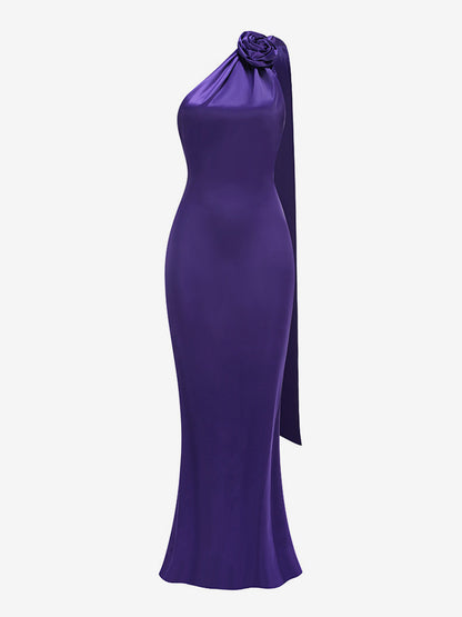 Elegant Rosette Halter Maxi Dress For Women - Silk Like Satin Backless Drape Neck Sleeveless Gown - Spring Evening Party 2026