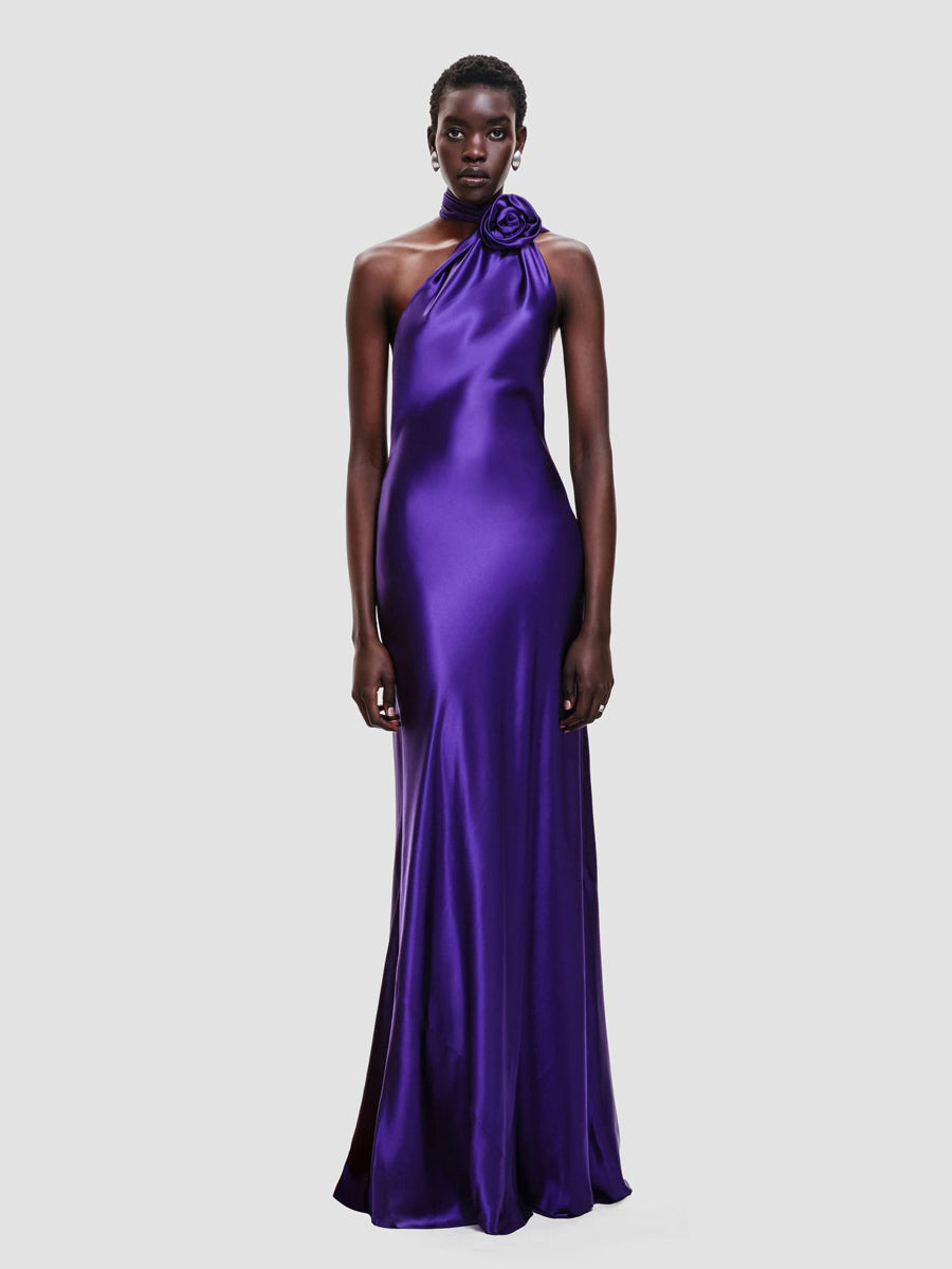 Elegant Rosette Halter Maxi Dress For Women - Silk Like Satin Backless Drape Neck Sleeveless Gown - Spring Evening Party 2026