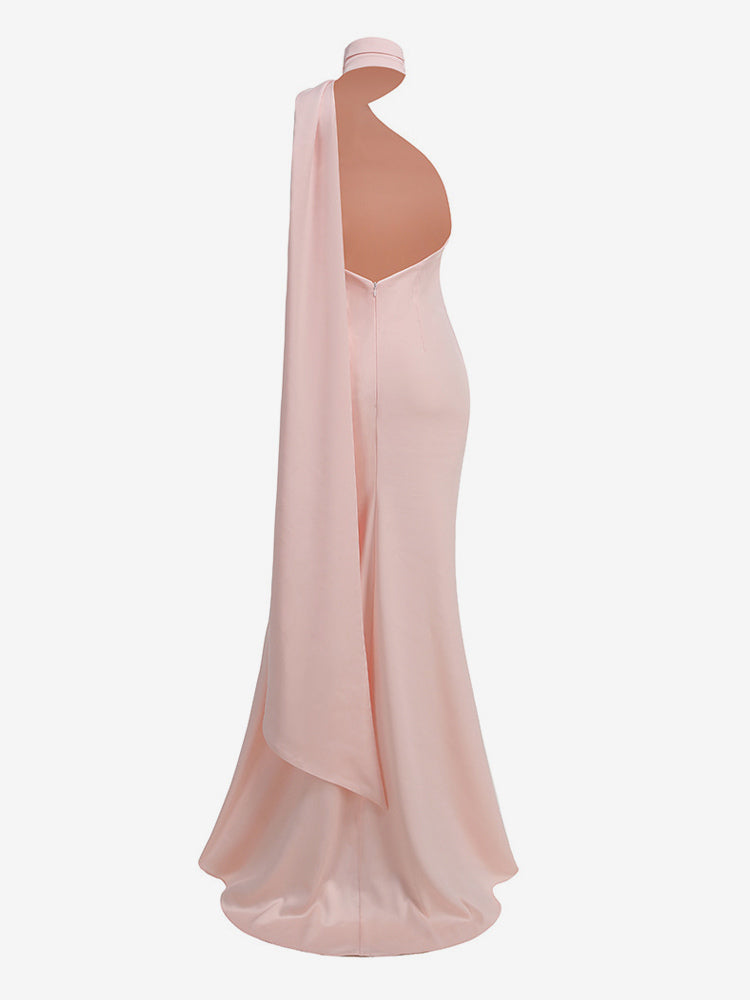 Elegant Rosette Halter Maxi Dress For Women - Silk Like Satin Backless Drape Neck Sleeveless Gown - Spring Evening Party 2026