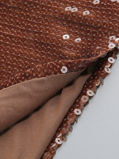 Sparkly Sequin Maxi Formal Dress For Women - Brown Halter Backless Bodycon Slim Long Gown - Summer Gala Night Out Party 2026