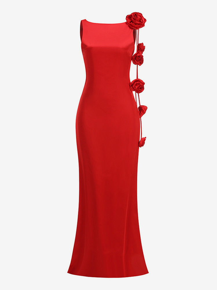 Elegant Rosette Maxi Evening Dress For Women - Red Satin Backless Bodycon Long Gown With 3D Flowers - Summer Prom Party 2026