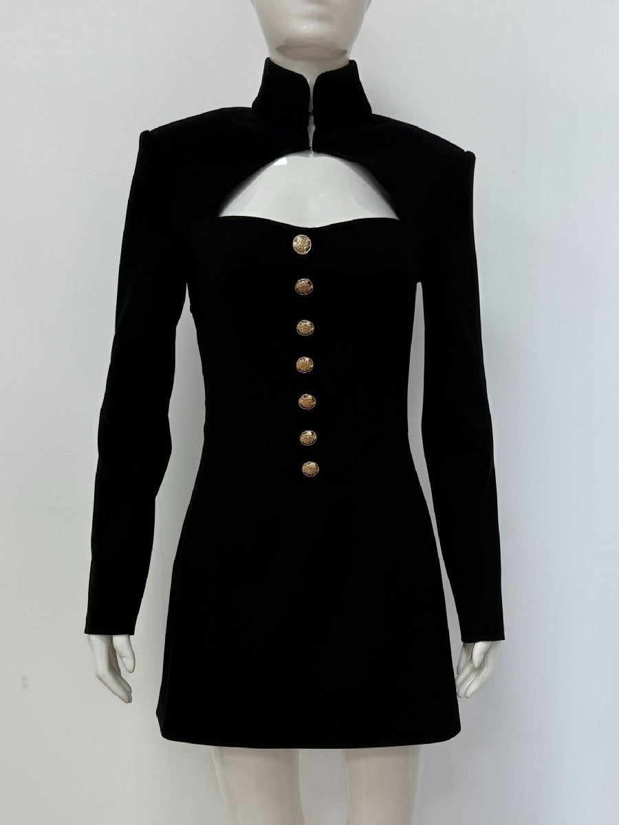 Cutout Long Sleeve Mini Dress For Women - Mock Neck Button Detail Dress - Spring Date Night Party 2026