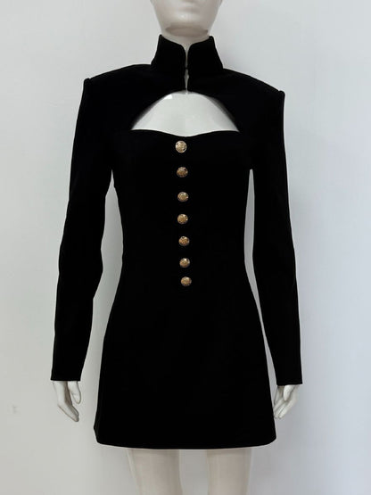 Cutout Long Sleeve Mini Dress For Women - Mock Neck Button Detail Dress - Spring Date Night Party 2026