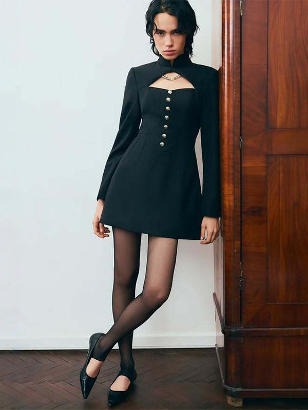 Cutout Long Sleeve Mini Dress For Women - Mock Neck Button Detail Dress - Spring Date Night Party 2026