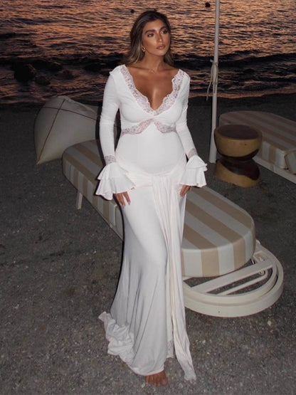 Lace Trim V Neck Maxi Dress For Women - White Boho Long Sleeve Trumpet Cuff Bodycon Gown - Spring Beach Bridal Party 2026