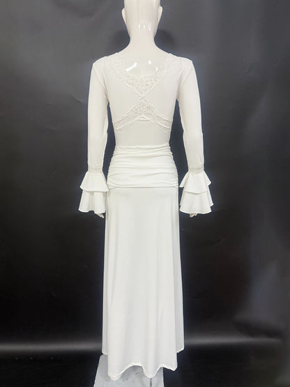 Lace Trim V Neck Maxi Dress For Women - White Boho Long Sleeve Trumpet Cuff Bodycon Gown - Spring Beach Bridal Party 2026