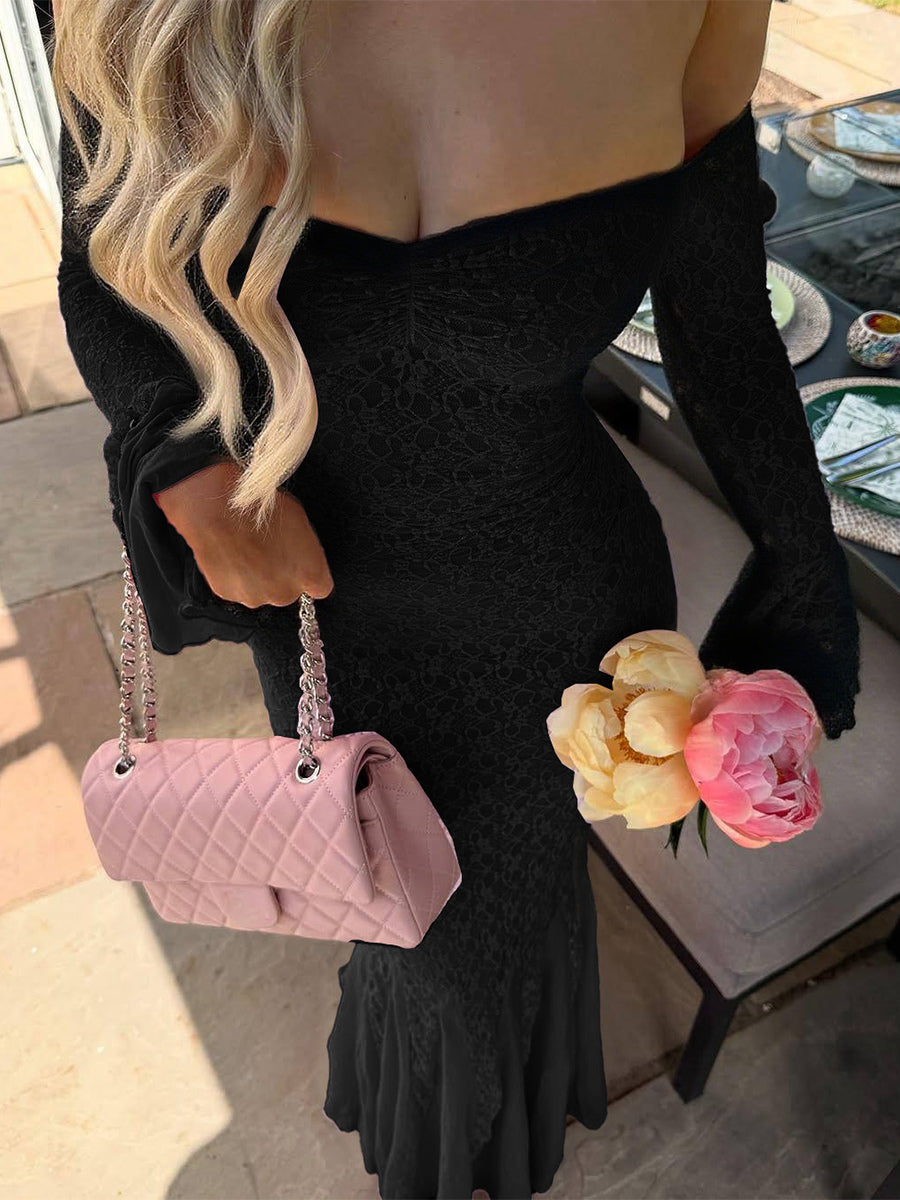 Lace Off Shoulder Maxi Dress For Women - Elegant Trumpet Long Sleeves Mermaid Gown - Spring Formal Evening Party 2026