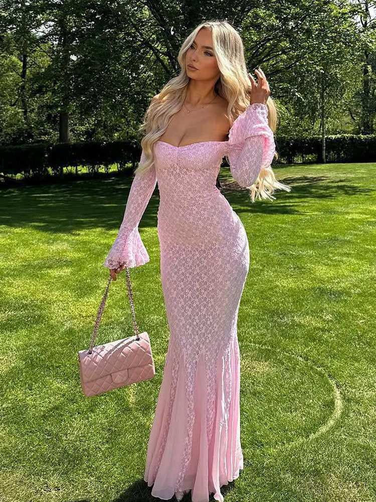 Lace Off Shoulder Maxi Dress For Women - Elegant Trumpet Long Sleeves Mermaid Gown - Spring Formal Evening Party 2026