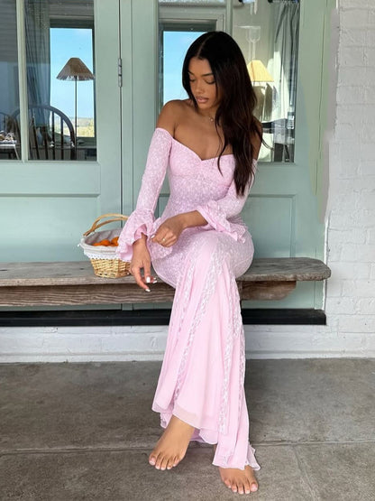 Lace Off Shoulder Maxi Dress For Women - Elegant Trumpet Long Sleeves Mermaid Gown - Spring Formal Evening Party 2026