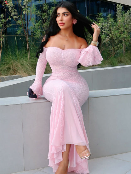 Lace Off Shoulder Maxi Dress For Women - Elegant Trumpet Long Sleeves Mermaid Gown - Spring Formal Evening Party 2026