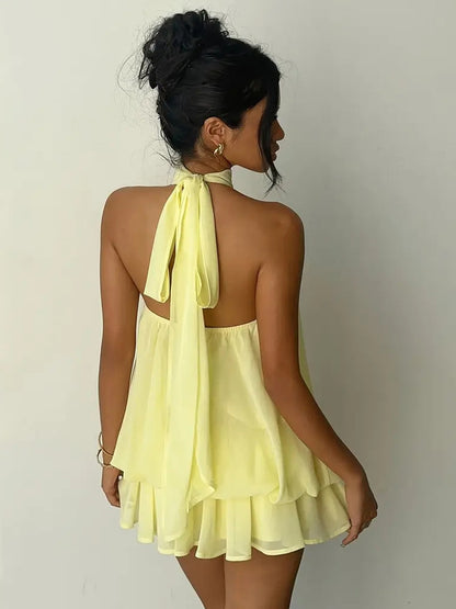 Halter Bubble Mini Dress For Women - Elegant Pleated Backless Loose Fit Chiffon Skater Dress - Summer Beach Vacation 2026
