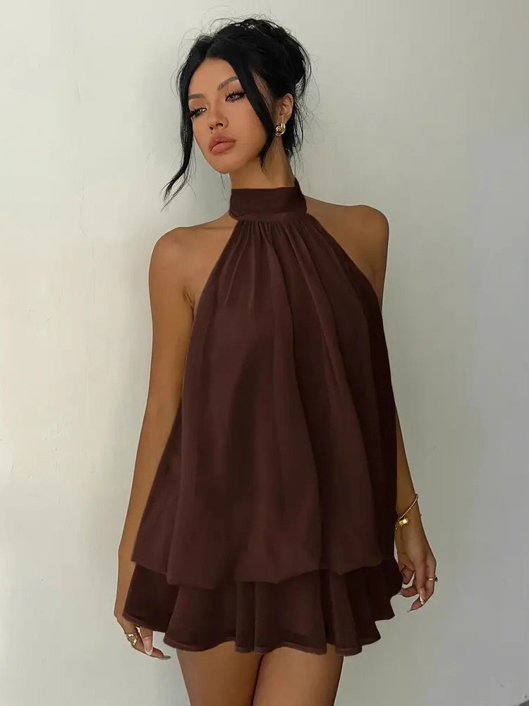 Halter Bubble Mini Dress For Women - Elegant Pleated Backless Loose Fit Chiffon Skater Dress - Summer Beach Vacation 2026