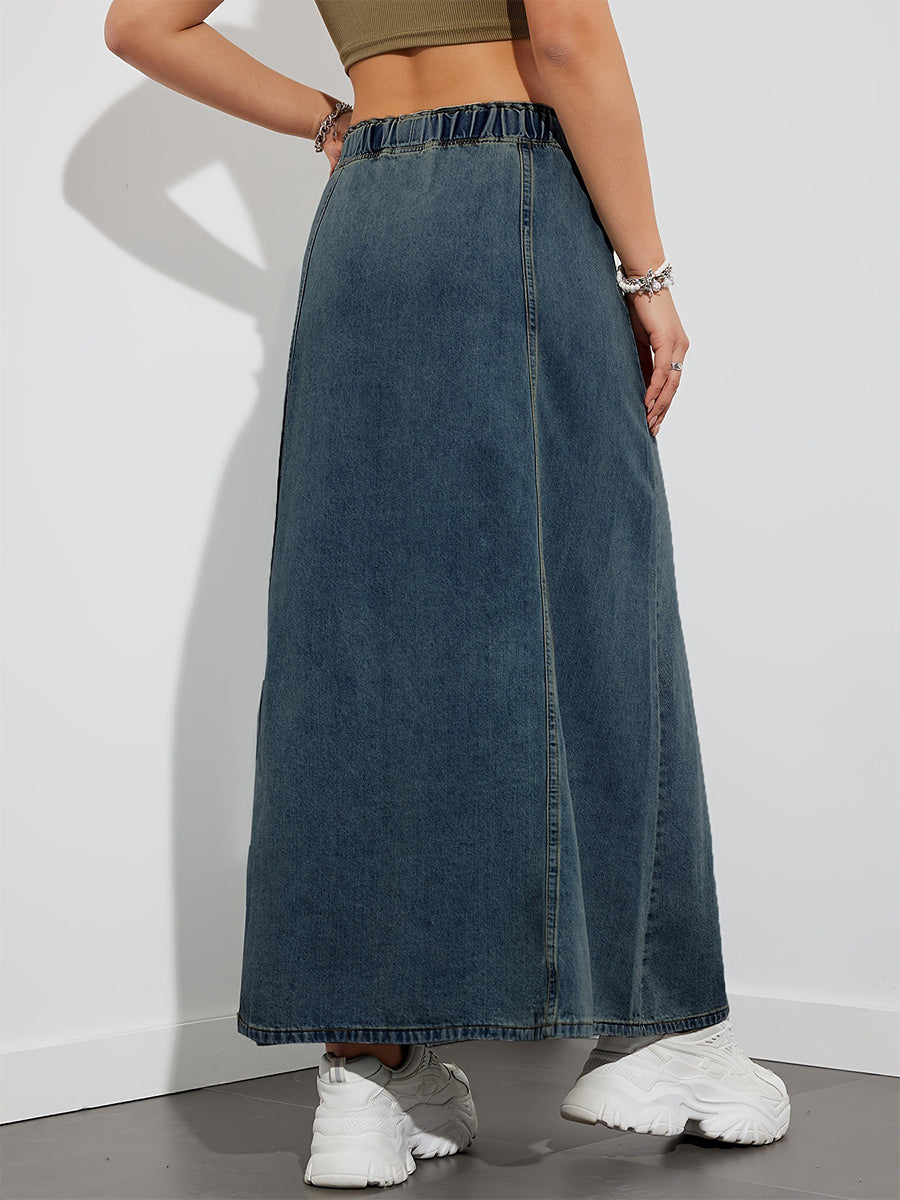 Drawstring Waist Denim Maxi Skirt For Women - Casual A-Line Flare Long Skirt With Pockets - Spring Holiday 2026