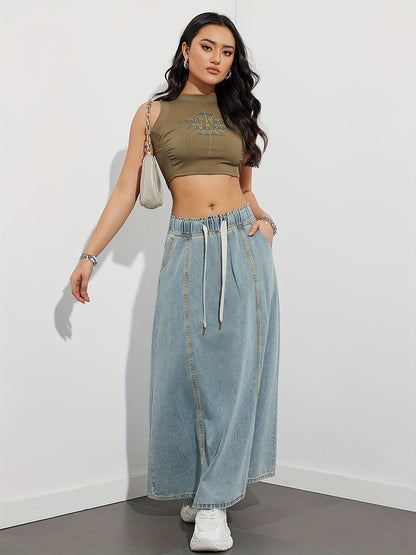 Drawstring Waist Denim Maxi Skirt For Women - Casual A-Line Flare Long Skirt With Pockets - Spring Holiday 2026