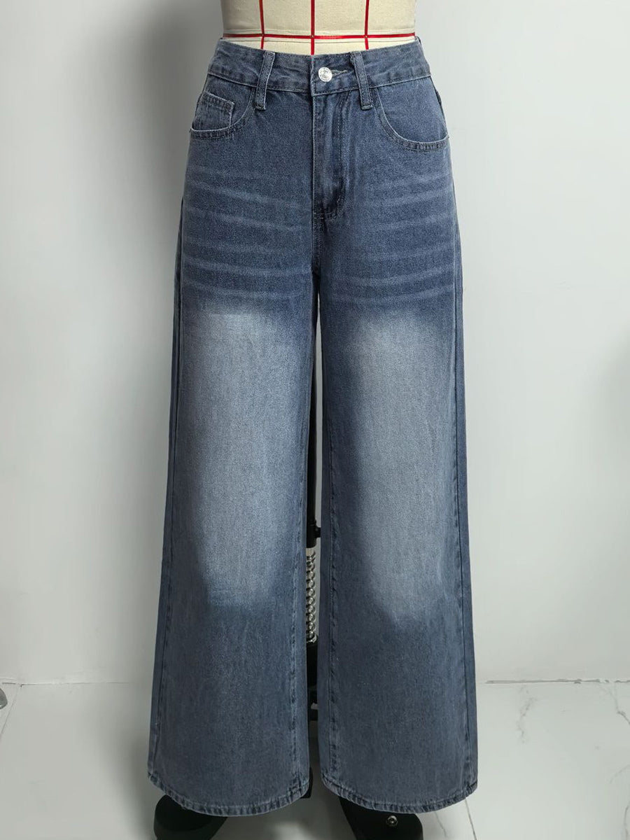 Heart Pocket Wide Leg Jeans For Women - Acid Wash Blue Y2K Baggy Straight Denim Pants - Spring Date Night Streetwear 2026