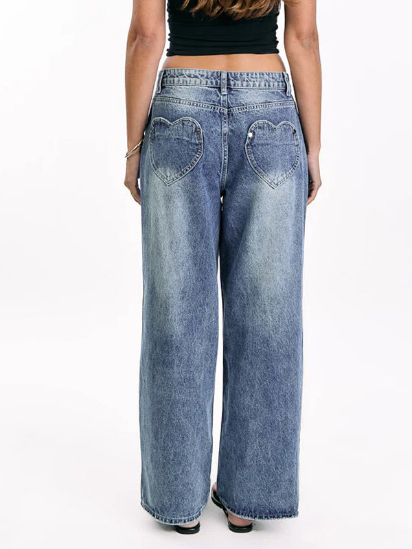 Heart Pocket Wide Leg Jeans For Women - Acid Wash Blue Y2K Baggy Straight Denim Pants - Spring Date Night Streetwear 2026