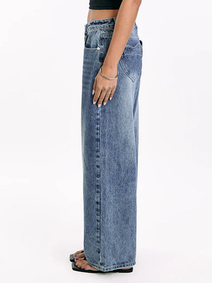 Heart Pocket Wide Leg Jeans For Women - Acid Wash Blue Y2K Baggy Straight Denim Pants - Spring Date Night Streetwear 2026