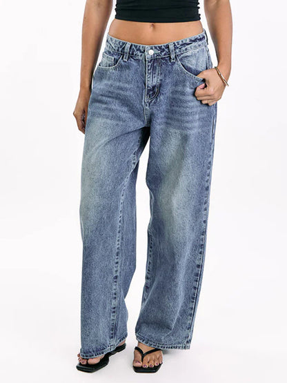 Heart Pocket Wide Leg Jeans For Women - Acid Wash Blue Y2K Baggy Straight Denim Pants - Spring Date Night Streetwear 2026
