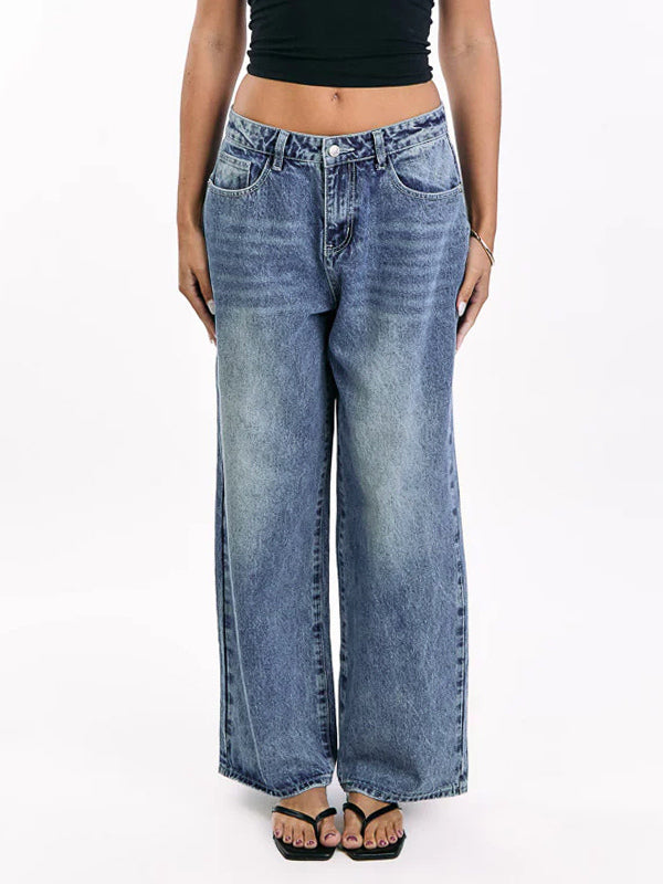 Heart Pocket Wide Leg Jeans For Women - Acid Wash Blue Y2K Baggy Straight Denim Pants - Spring Date Night Streetwear 2026