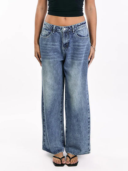 Heart Pocket Wide Leg Jeans For Women - Acid Wash Blue Y2K Baggy Straight Denim Pants - Spring Date Night Streetwear 2026