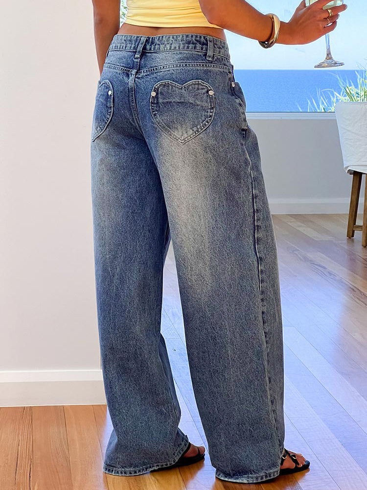Heart Pocket Wide Leg Jeans For Women - Acid Wash Blue Y2K Baggy Straight Denim Pants - Spring Date Night Streetwear 2026