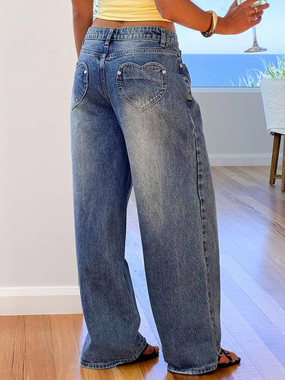 Heart Pocket Wide Leg Jeans For Women - Acid Wash Blue Y2K Baggy Straight Denim Pants - Spring Date Night Streetwear 2026