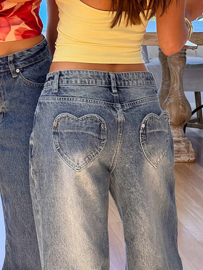 Heart Pocket Wide Leg Jeans For Women - Acid Wash Blue Y2K Baggy Straight Denim Pants - Spring Date Night Streetwear 2026