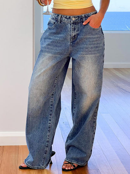 Heart Pocket Wide Leg Jeans For Women - Acid Wash Blue Y2K Baggy Straight Denim Pants - Spring Date Night Streetwear 2026