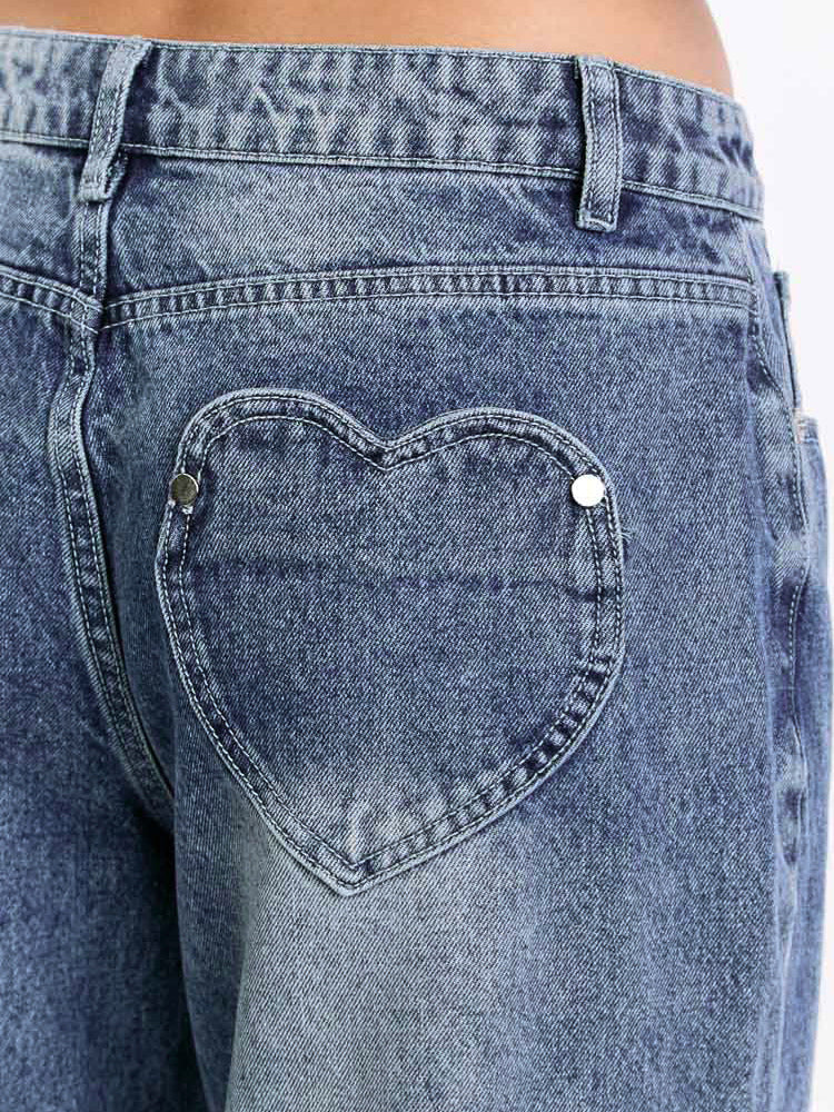 Heart Pocket Wide Leg Jeans For Women - Acid Wash Blue Y2K Baggy Straight Denim Pants - Spring Date Night Streetwear 2026