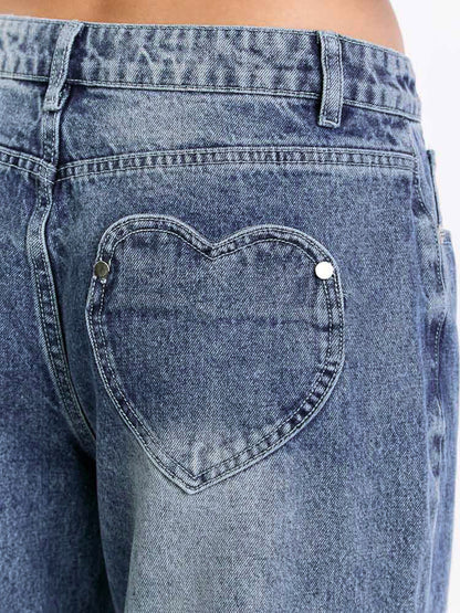 Heart Pocket Wide Leg Jeans For Women - Acid Wash Blue Y2K Baggy Straight Denim Pants - Spring Date Night Streetwear 2026