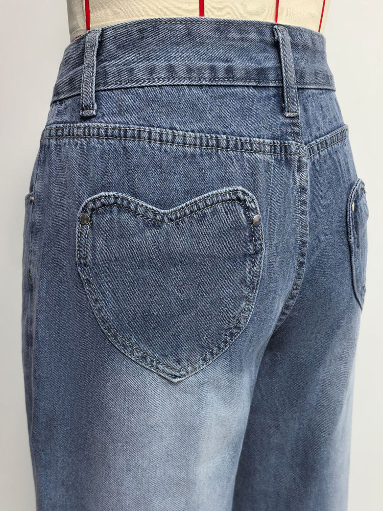 Heart Pocket Wide Leg Jeans For Women - Acid Wash Blue Y2K Baggy Straight Denim Pants - Spring Date Night Streetwear 2026