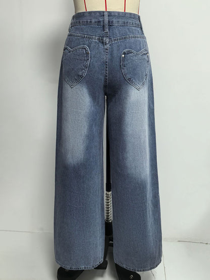Heart Pocket Wide Leg Jeans For Women - Acid Wash Blue Y2K Baggy Straight Denim Pants - Spring Date Night Streetwear 2026