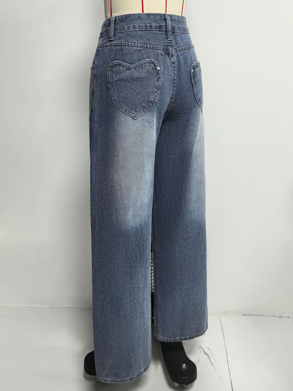 Heart Pocket Wide Leg Jeans For Women - Acid Wash Blue Y2K Baggy Straight Denim Pants - Spring Date Night Streetwear 2026