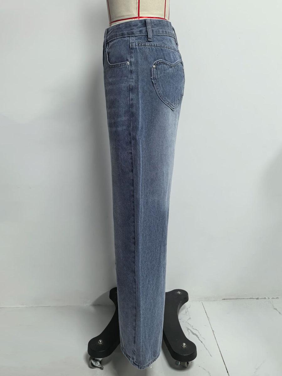 Heart Pocket Wide Leg Jeans For Women - Acid Wash Blue Y2K Baggy Straight Denim Pants - Spring Date Night Streetwear 2026