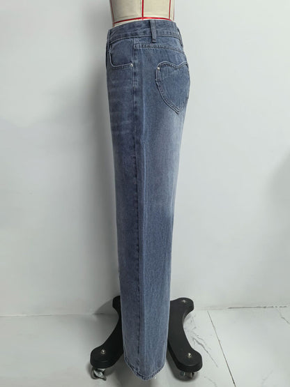 Heart Pocket Wide Leg Jeans For Women - Acid Wash Blue Y2K Baggy Straight Denim Pants - Spring Date Night Streetwear 2026