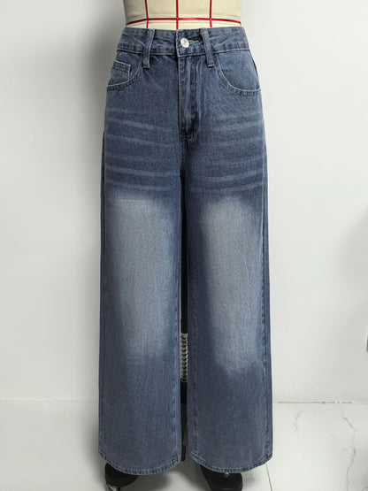 Heart Pocket Wide Leg Jeans For Women - Acid Wash Blue Y2K Baggy Straight Denim Pants - Spring Date Night Streetwear 2026