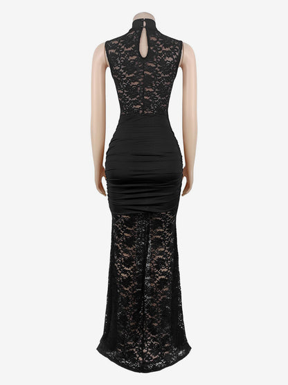Sexy Lace Cutout Maxi Dress For Women - High Slit Ruched Bodycon Evening Gown - Summer Night Out Club Party 2026